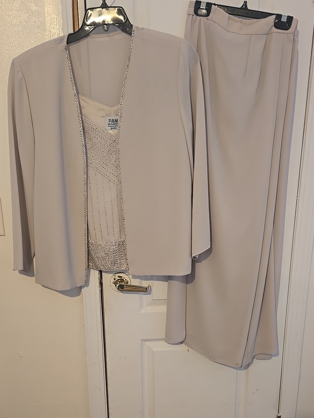 R&M Richards Light Cream Open-Front Jacket with Beaded Camisole & Skirt